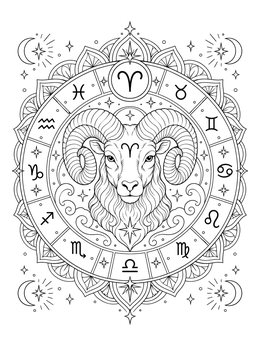 An intricate aries coloring page featuring a ram portrait inside a decorative zodiac mandala.