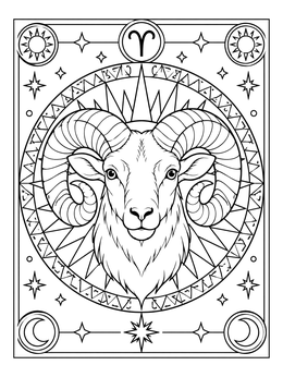 A detailed aries coloring page with a majestic ram head inside a mystical celestial frame.