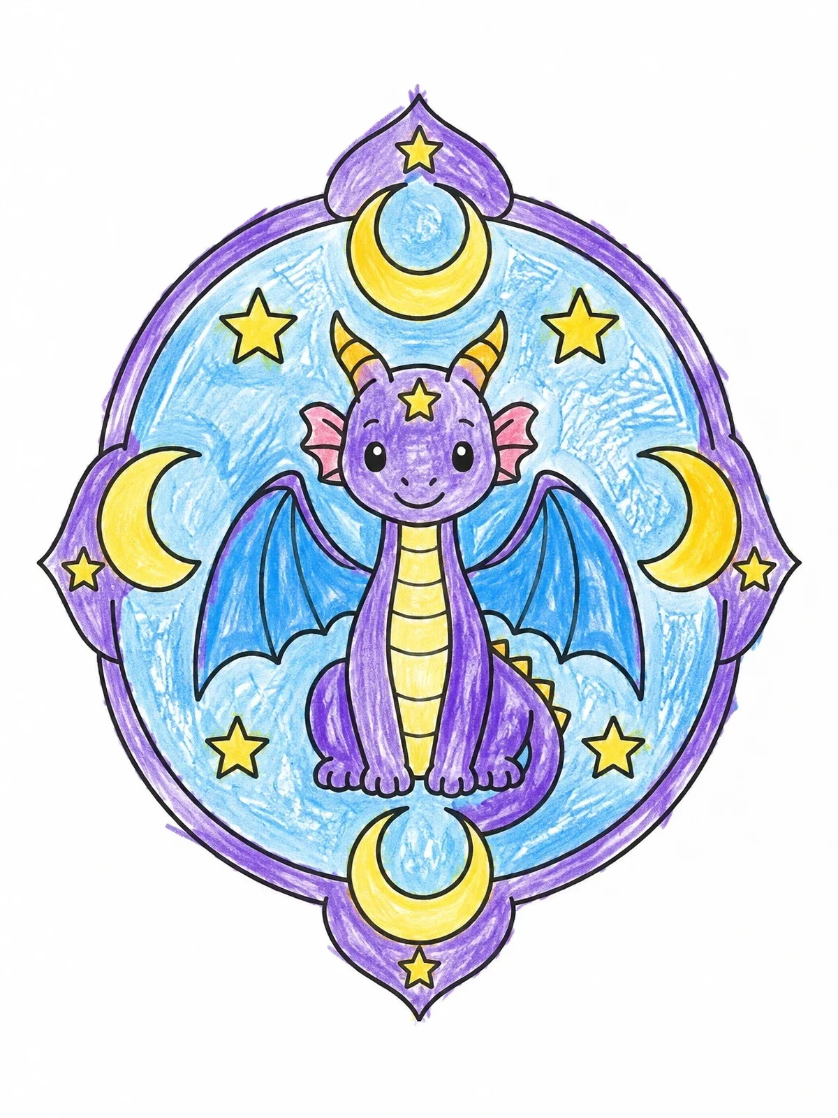 Colored example of the Celestial Baby Dragon Mandala coloring page
