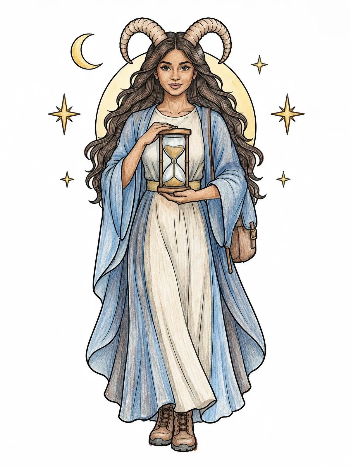 Colored example of the Celestial Capricorn Maiden With Hourglass coloring page