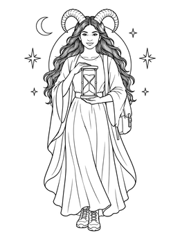 Free printable Celestial Capricorn Maiden With Hourglass coloring page