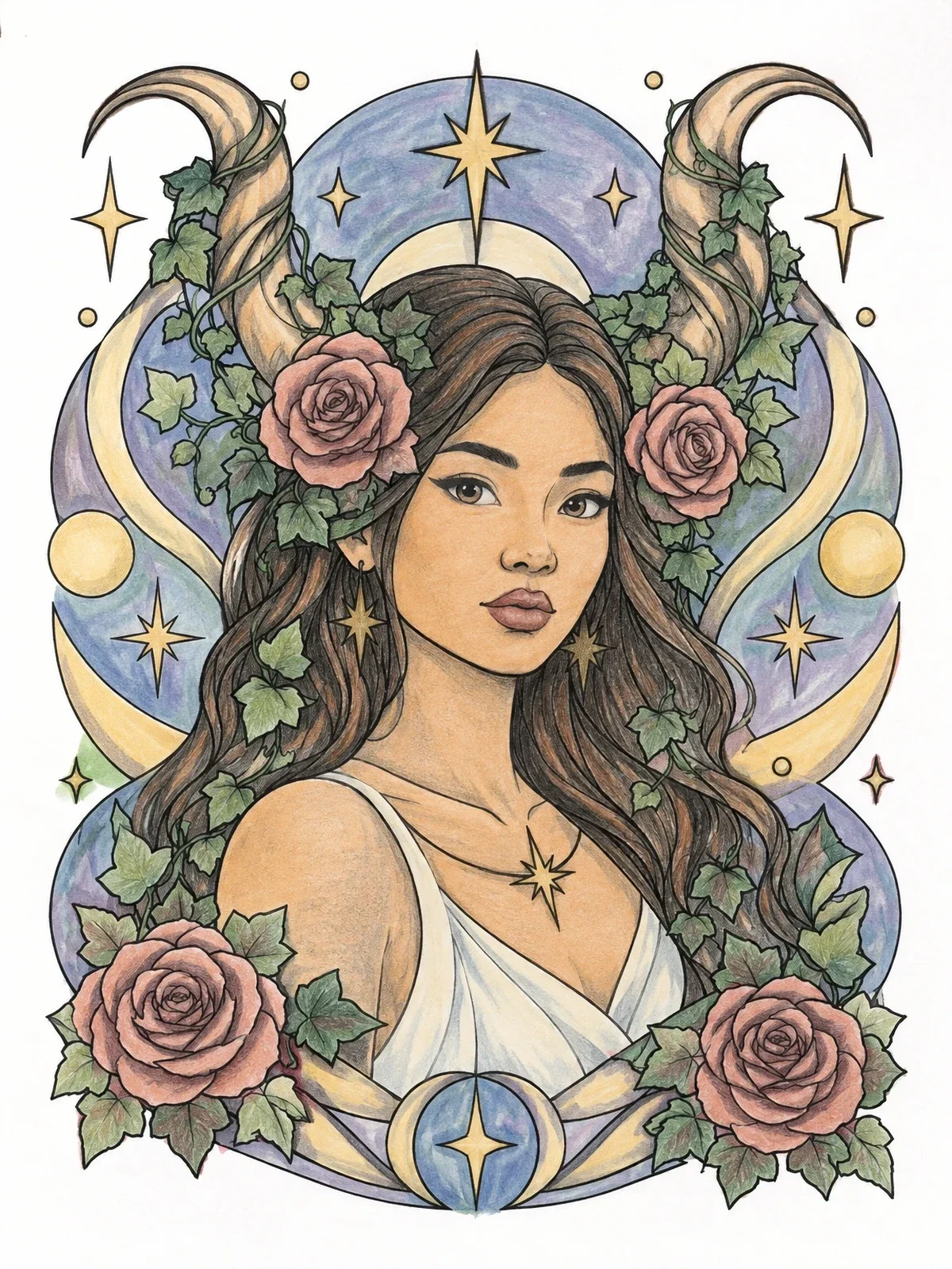 Colored example of the Celestial Capricorn Maiden Portrait coloring page