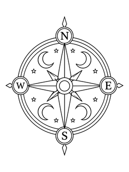 A celestial compass coloring page featuring crescent moons, stars, and cardinal directions.