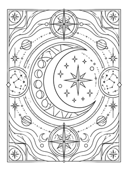 Intricate crescent and stars in a detailed moon night coloring page.