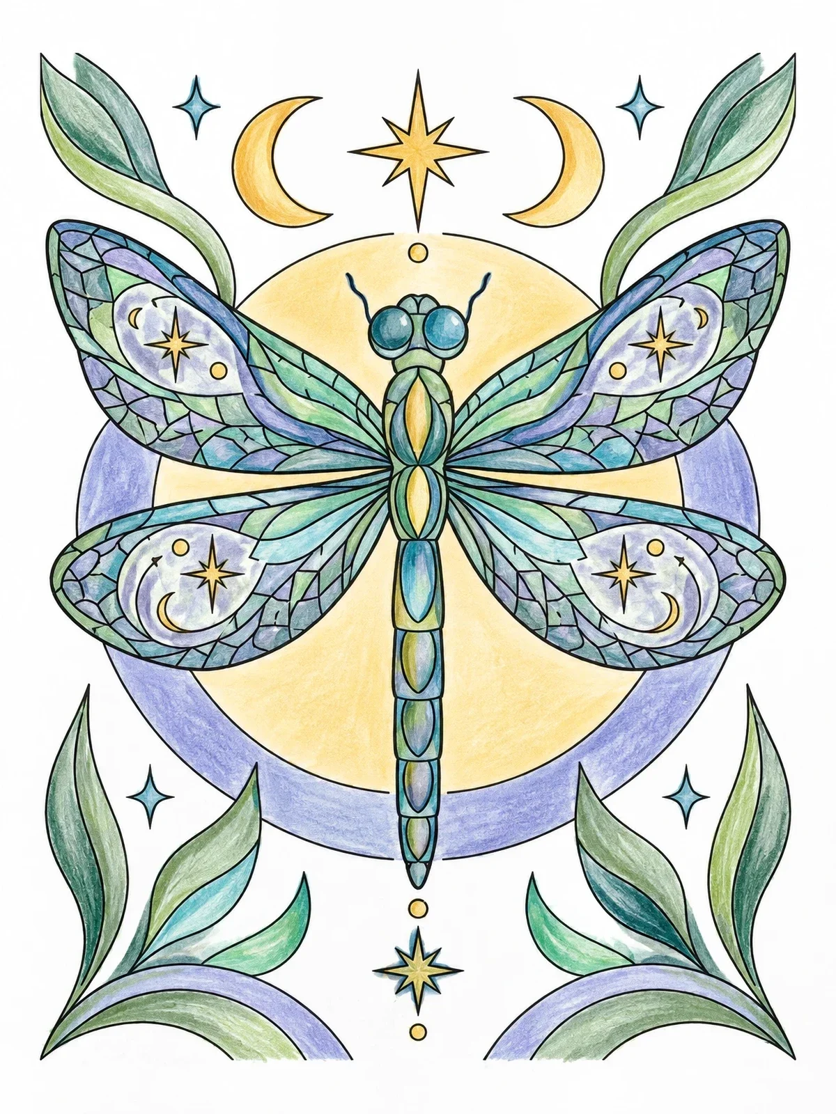 Colored example of the Celestial Dragonfly With Intricate Wings coloring page