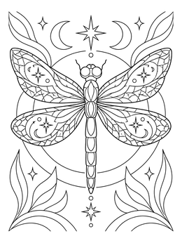 Mystical dragonfly coloring page framed by crescent moons and stars.