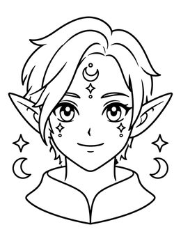 An anime eyes coloring page featuring an elf with celestial face markings and stars.