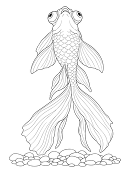 A celestial eye goldfish coloring page featuring large upward-looking eyes, flowing fins, and pebbles below.