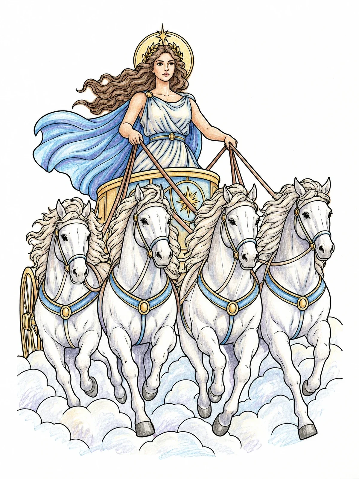 Colored example of the Celestial Goddess In Horse Drawn Chariot coloring page