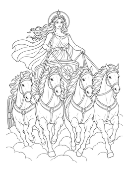 A celestial goddess coloring page showing a maiden driving a four-horse chariot through billowing clouds.