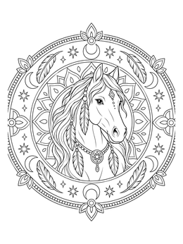 An intricate horse coloring page set inside a celestial mandala with feathers and stars.