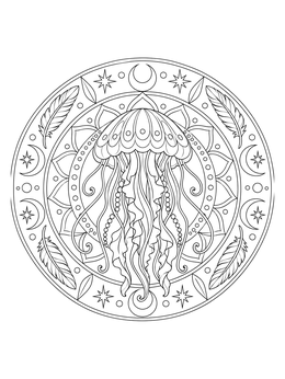 An intricate jellyfish coloring page framed in a circular mandala with stars, moons, and feathers.