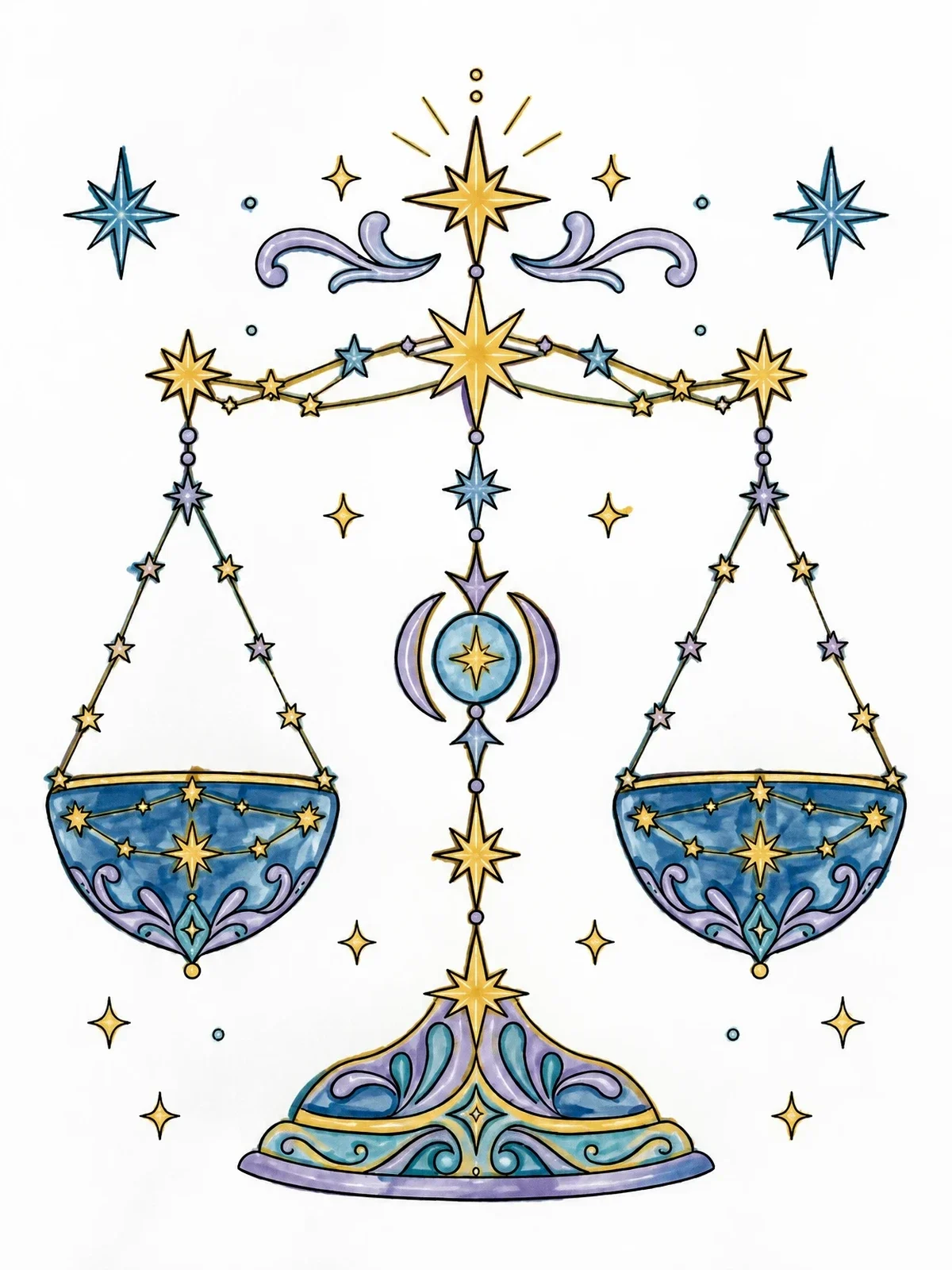 Colored example of the Celestial Libra Balance Scales coloring page