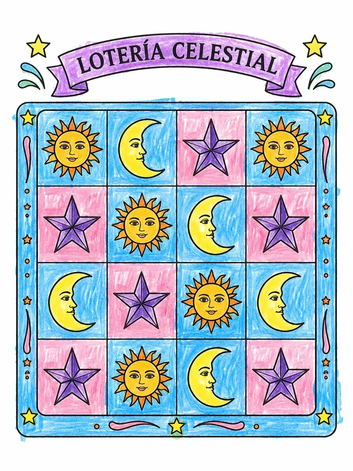 Colored example of the Celestial Lotería Game Board coloring page