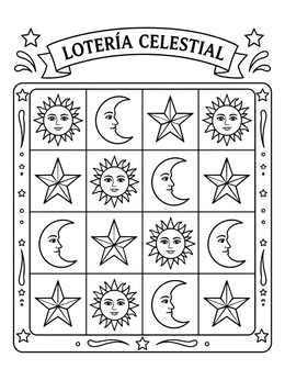 Free printable Celestial Lotería Game Board coloring page
