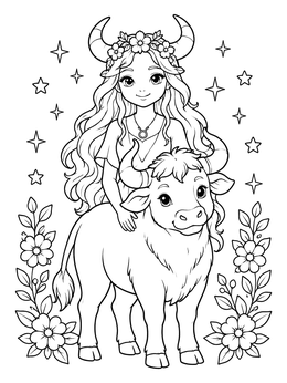 Free printable Celestial Maiden With Taurus Bull coloring page