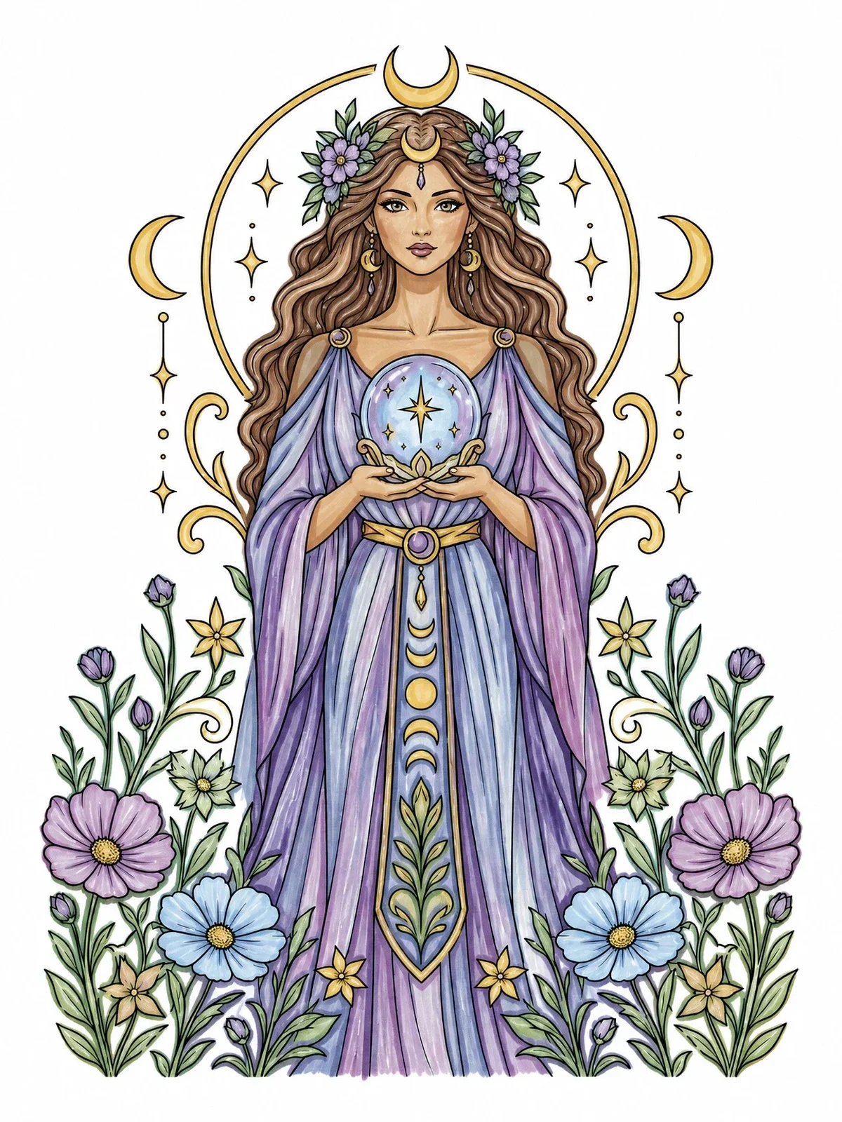 Colored example of the Moon Goddess With Crystal Orb coloring page