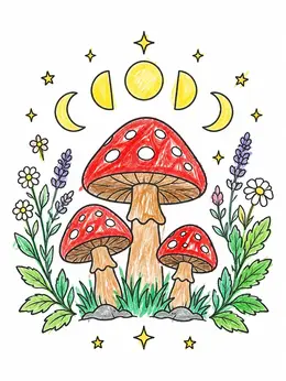 Celestial Mushroom Trio And Moon Phases Coloring Page