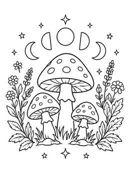 A magical mushroom coloring page with three spotted toadstools, moon phases, and herbs.