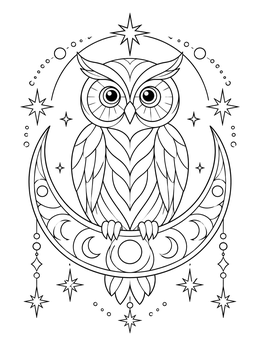 An ornate owl coloring page featuring a perched bird on a patterned crescent moon with stars.