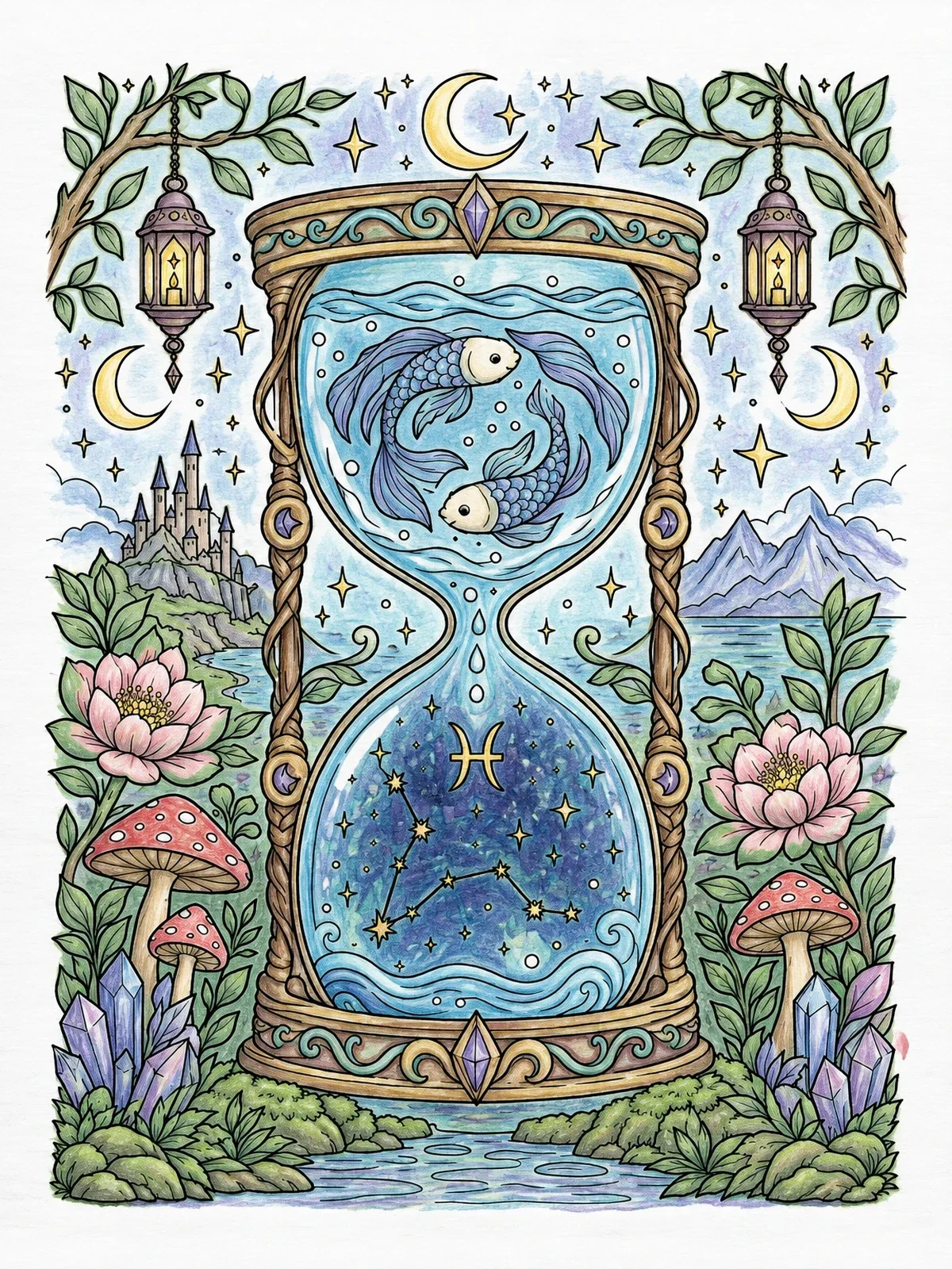 Colored example of the Celestial Pisces Hourglass Scene coloring page