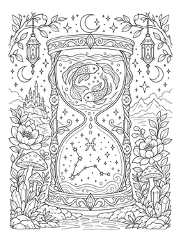 An ornate pisces coloring page featuring twin fish and constellations inside a magical hourglass.