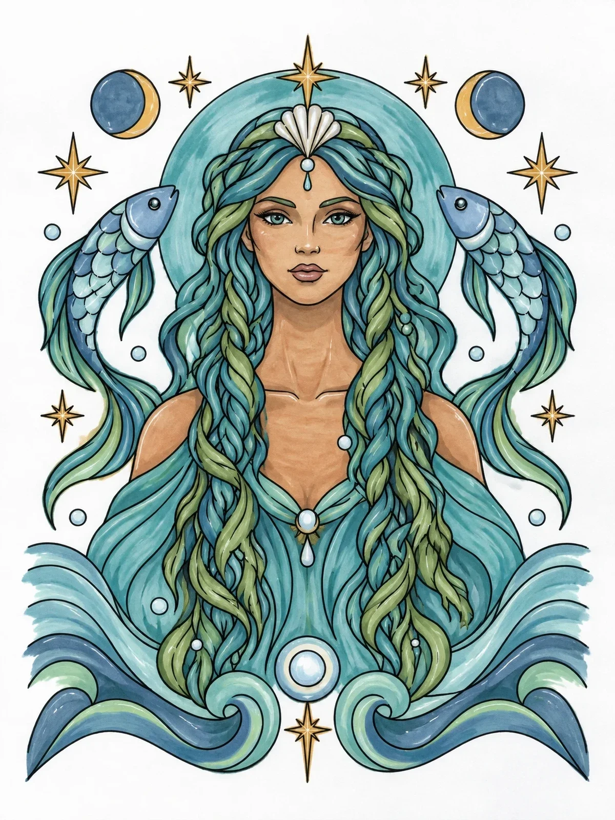 Colored example of the Celestial Pisces Water Goddess coloring page