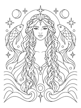 Celestial water goddess with two koi fish and stars in this pisces coloring page.