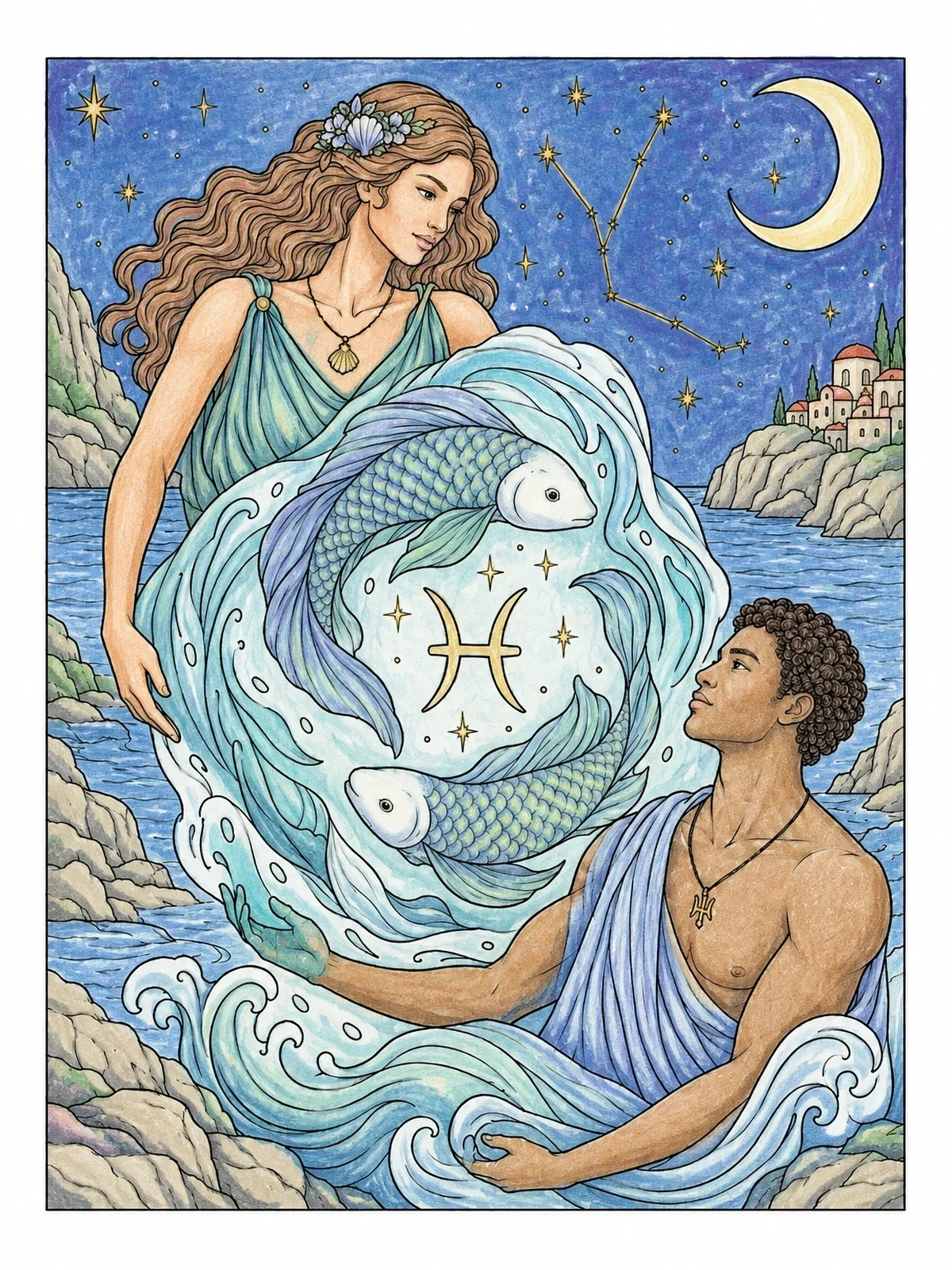 Colored example of the Celestial Pisces Zodiac Couple And Fish coloring page
