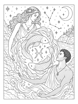 A woman and man frame swimming fish in this celestial pisces coloring page.