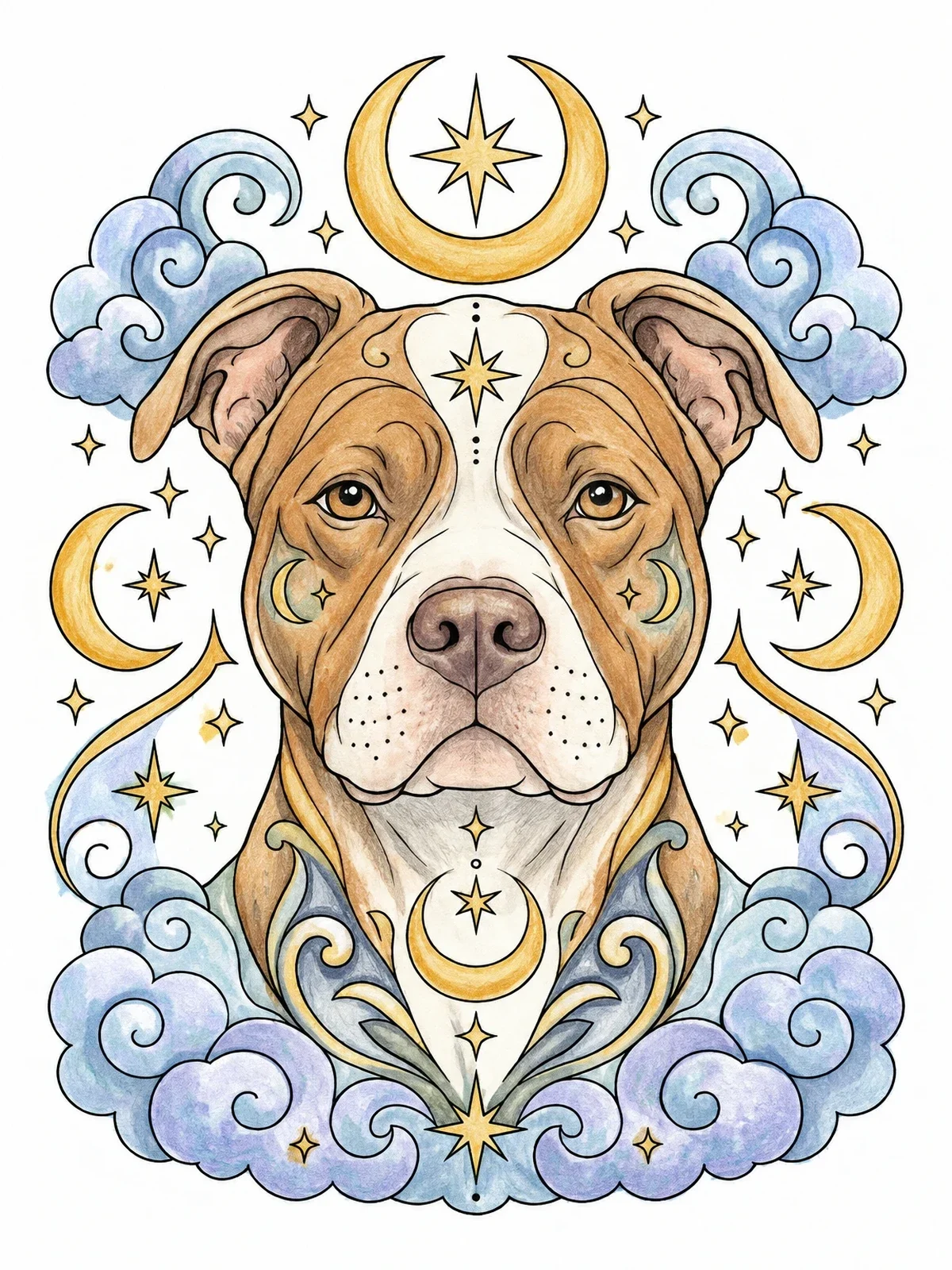 Colored example of the Celestial Pitbull With Moons And Stars coloring page