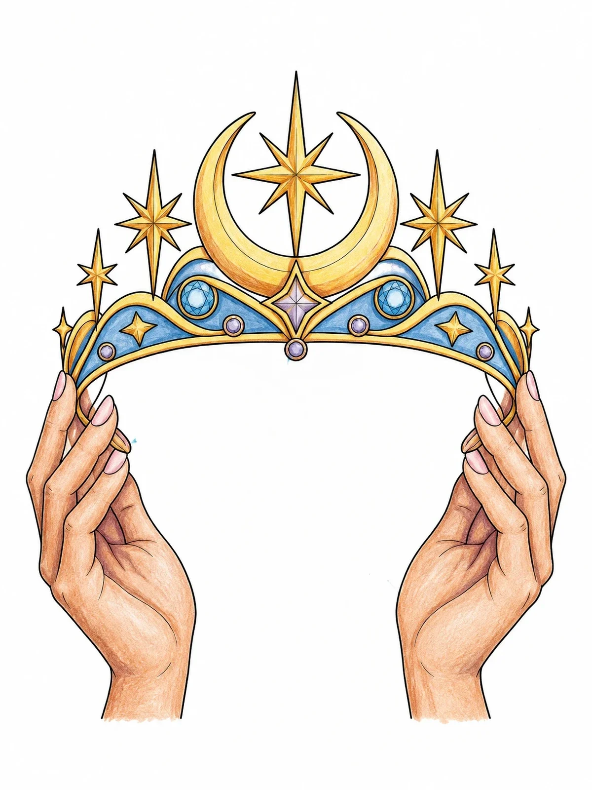 Colored example of the Celestial Tiara Held By Hands coloring page