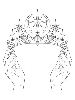 A detailed princess crown coloring page featuring a celestial tiara with stars held by two hands.