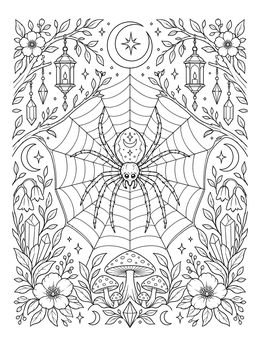 Detailed spider coloring page with an intricate web, mushrooms, and lanterns.