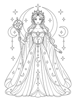 A celestial princess coloring page showing a queen with a star staff and moon motifs.