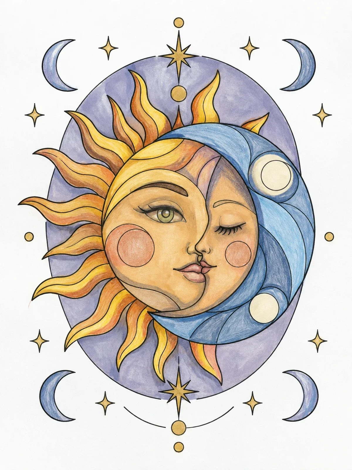Colored example of the Celestial Sun And Crescent Moon Harmony coloring page