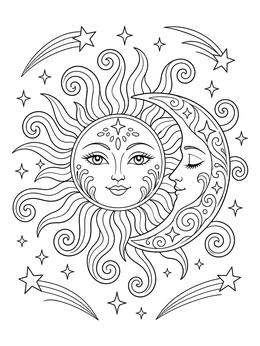 A detailed sun and moon coloring page with swirling rays and starry skies.