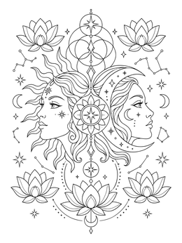 A sun and moon coloring page featuring celestial faces surrounded by lotus blossoms and constellations.