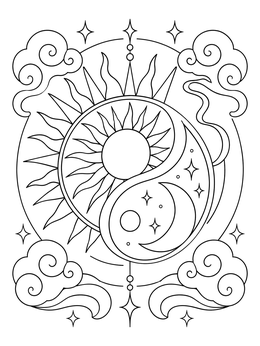 A harmonious sun and moon coloring page featuring a celestial yin yang symbol framed by clouds.