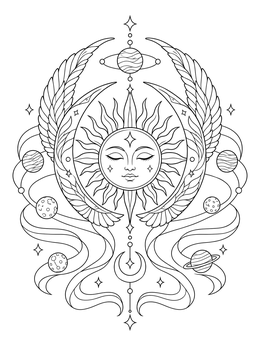 A serene sun with winged crescents on this sun and moon coloring page.