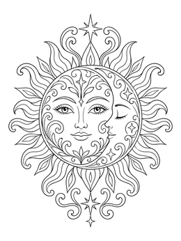 Intricate celestial sun and moon night coloring page with decorative swirls.