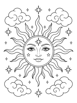 A serene celestial face surrounded by flowing rays on this sun coloring page.