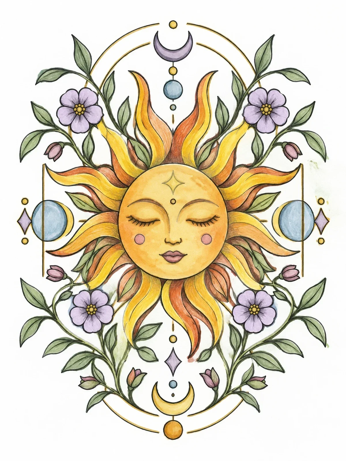 Colored example of the Celestial Sun With Botanical Accents coloring page