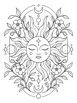 A peaceful celestial sun coloring page framed by delicate floral vines and moon symbols.