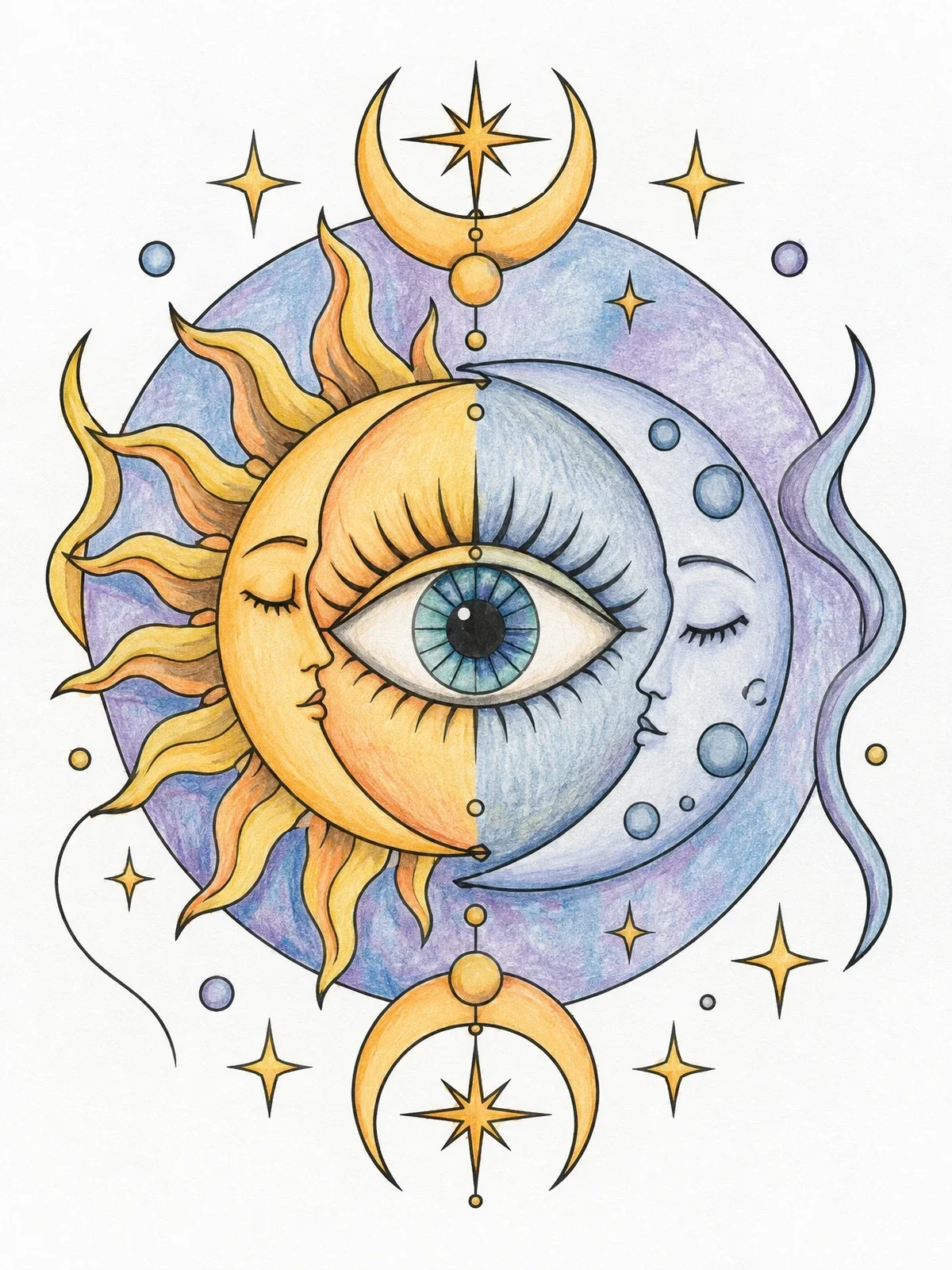 Colored example of the Celestial Sun And Moon Evil Eye coloring page
