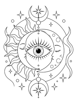 Mystical evil eye coloring page framed by sun and moon faces with stars.