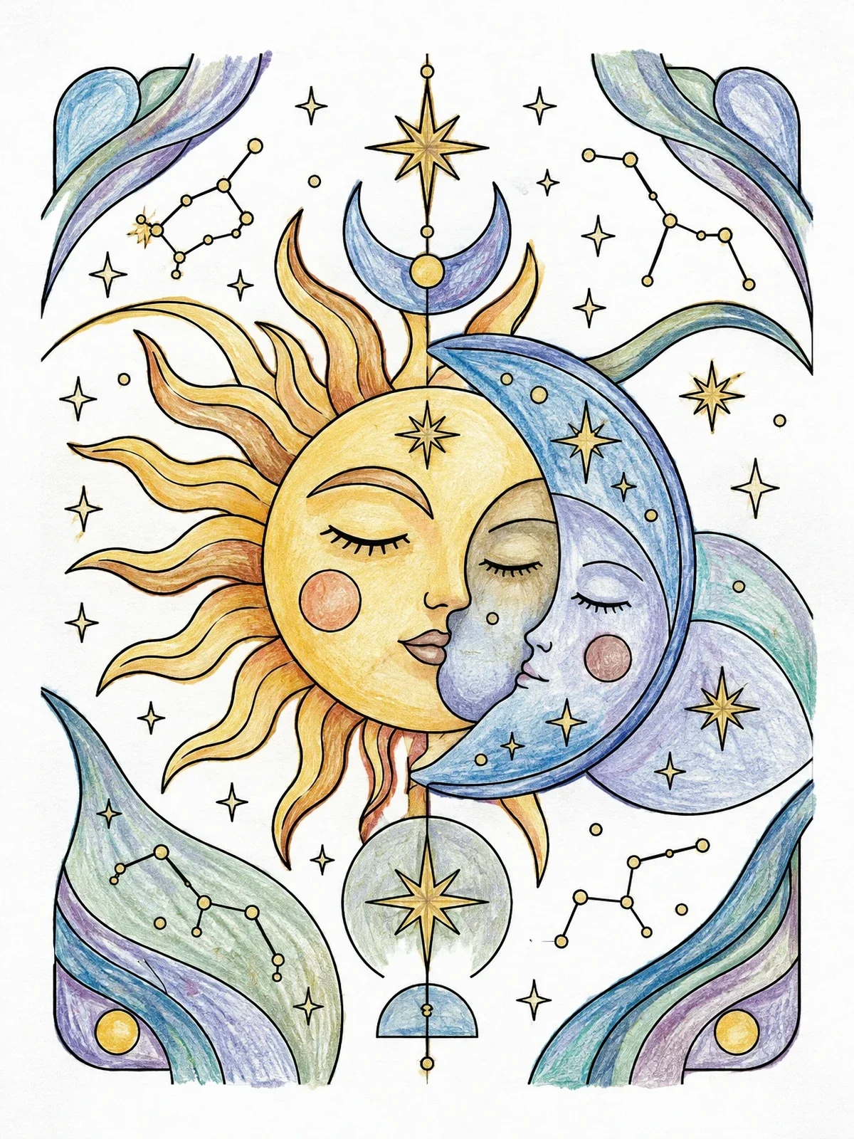 Colored example of the Sun And Crescent Moon Faces coloring page