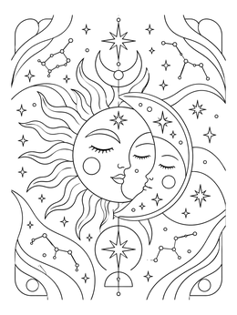 Free printable Sun And Crescent Moon Faces coloring page