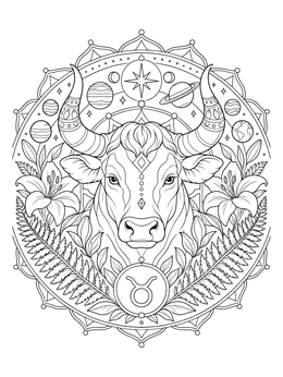 A detailed taurus coloring page showing a celestial bull framed by flowers and planets.