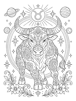 A detailed taurus coloring page showing a decorated bull surrounded by stars and planets.